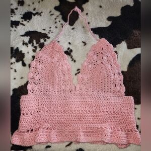 Pink Crochet Halter Bralette Top